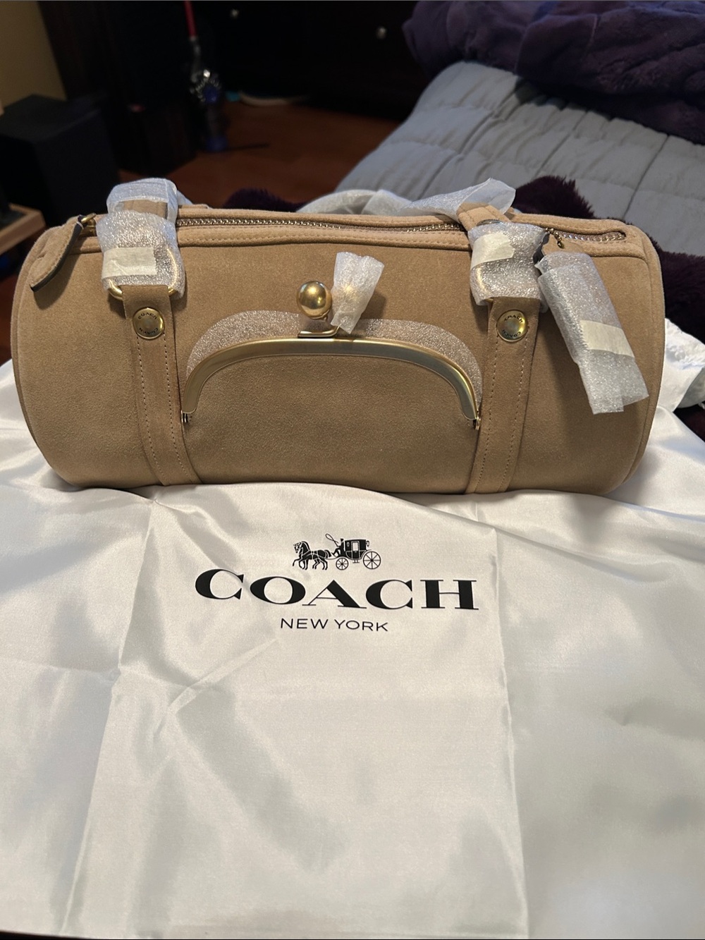 Coach Beige Suede Mini Barrel Bag with Gold Hardware
